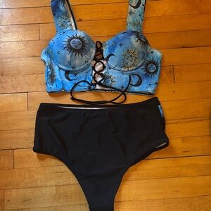 Blue and Black Sun and Moon Bikini Set